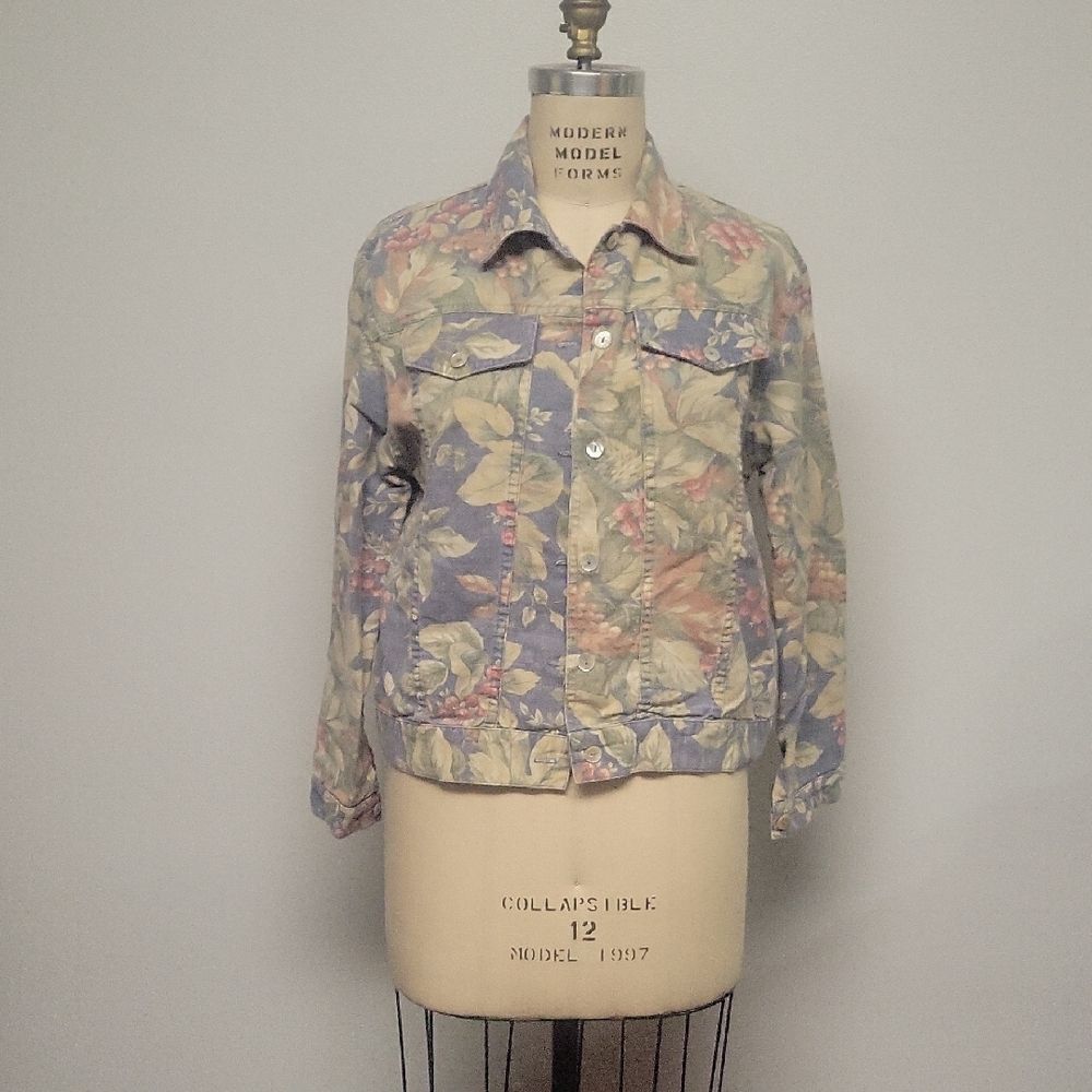 Norm Thompson Multicolor Floral Jean Jacket, Size M, 100% Cotton